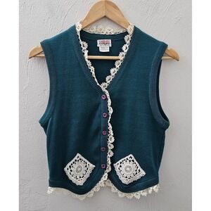 Vintage Lace Border Vest Casual Corner Women Size Large Acrylic & Wool Teal Blue